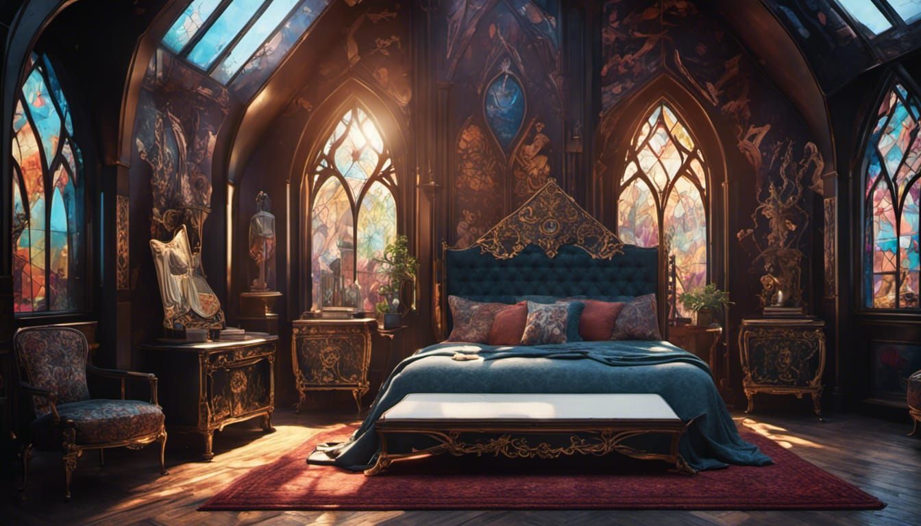 Gothic Master Bedroom with Maximalist Decor in Sunlight