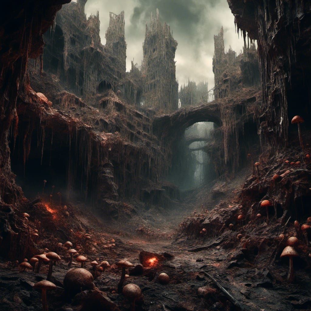 Post-Apocalyptic Cave City with Phosphor Mushrooms