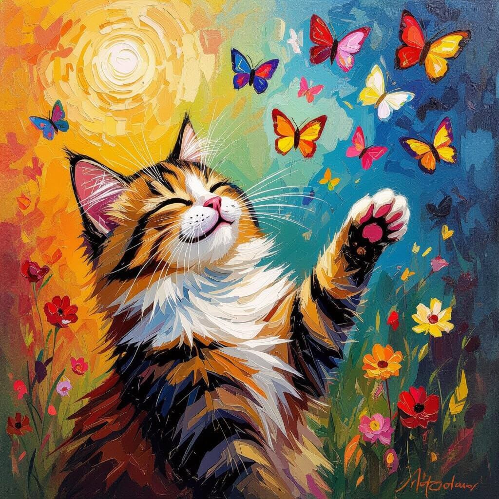 Happy Cat Painting Joyful Butterflies in Van Gogh Style