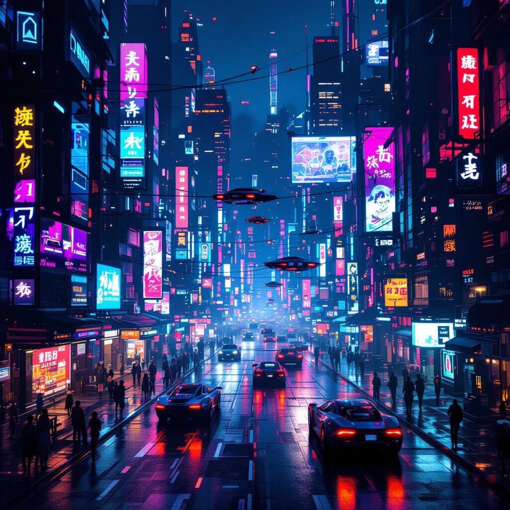 Cyberpunk Monrovia Street with Neon Lights & Flying Cars