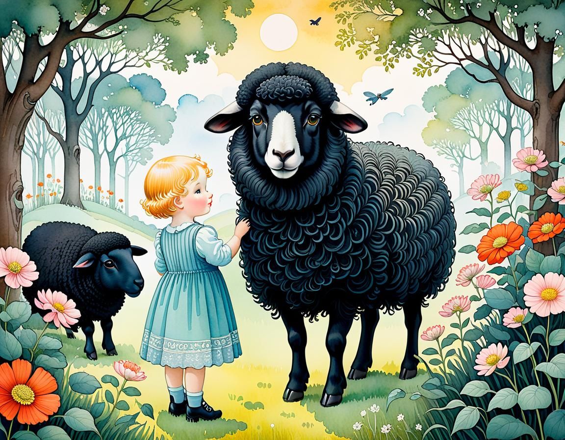 Toddler and Overgrown Black Sheep: Watercolor Illustration