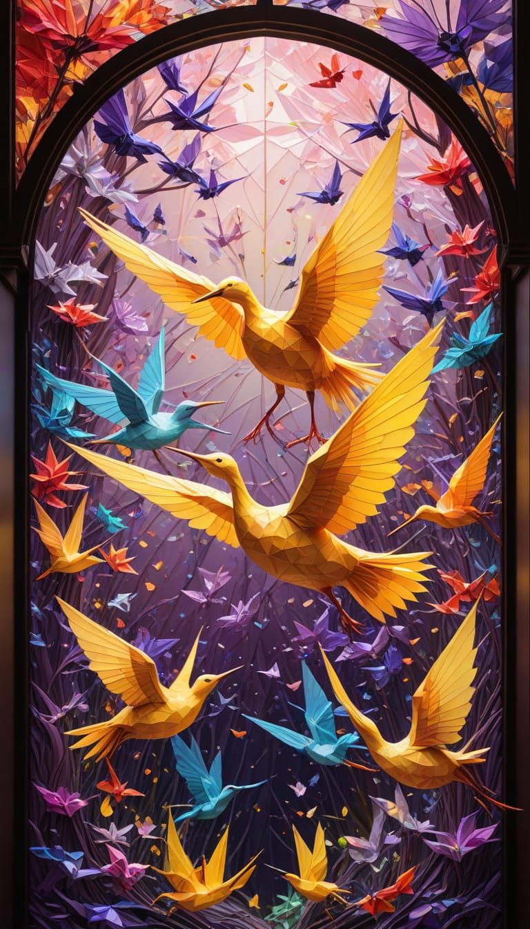 Duckling and Origami Cranes in Stained Glass