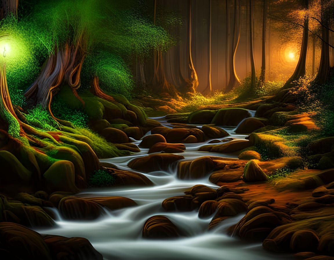 Enchanted Fairy Forest at Night in Detailed Painting