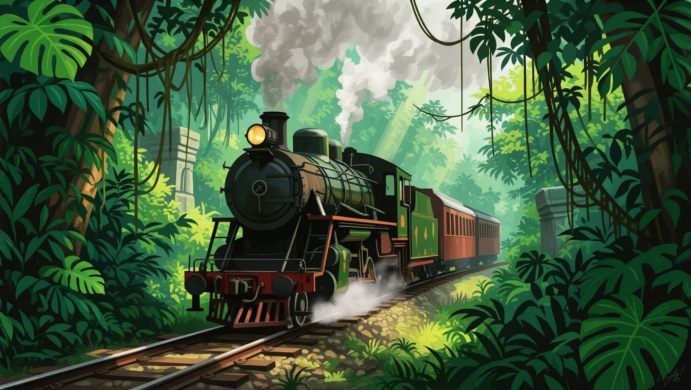 Vintage Steam Train Navigates Exotic Jungle Ruins