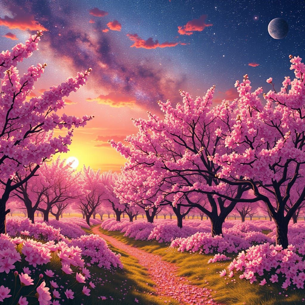 Pink Almond Grove in Space: Anime Style