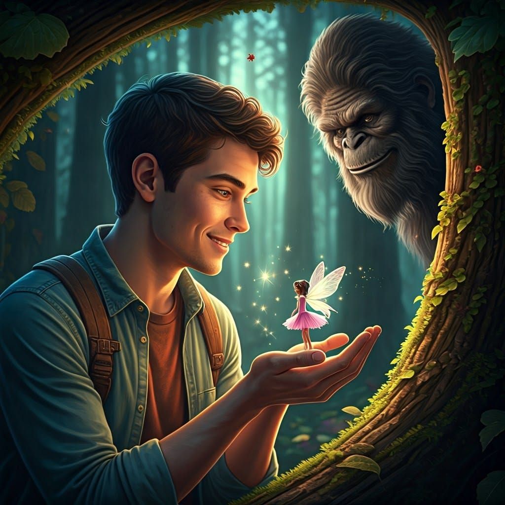 Man Holding Fairy in Enchanted Forest