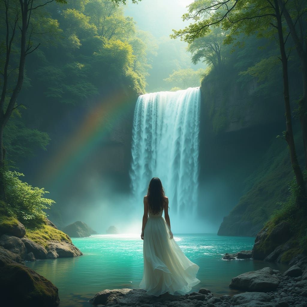 Woman at Waterfall in Dreamy Landscape