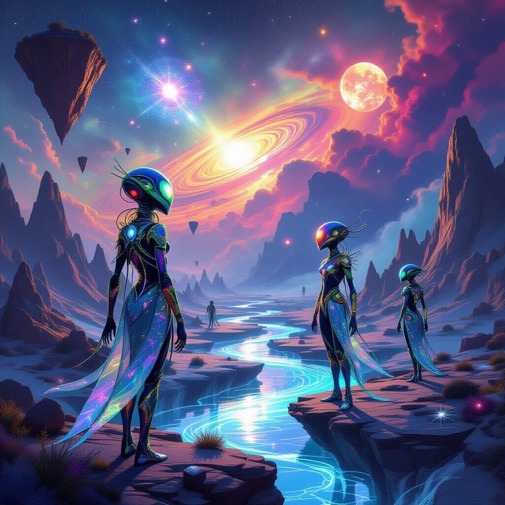 Surreal Alien Galaxy With Twin Suns and Crystal Outfits