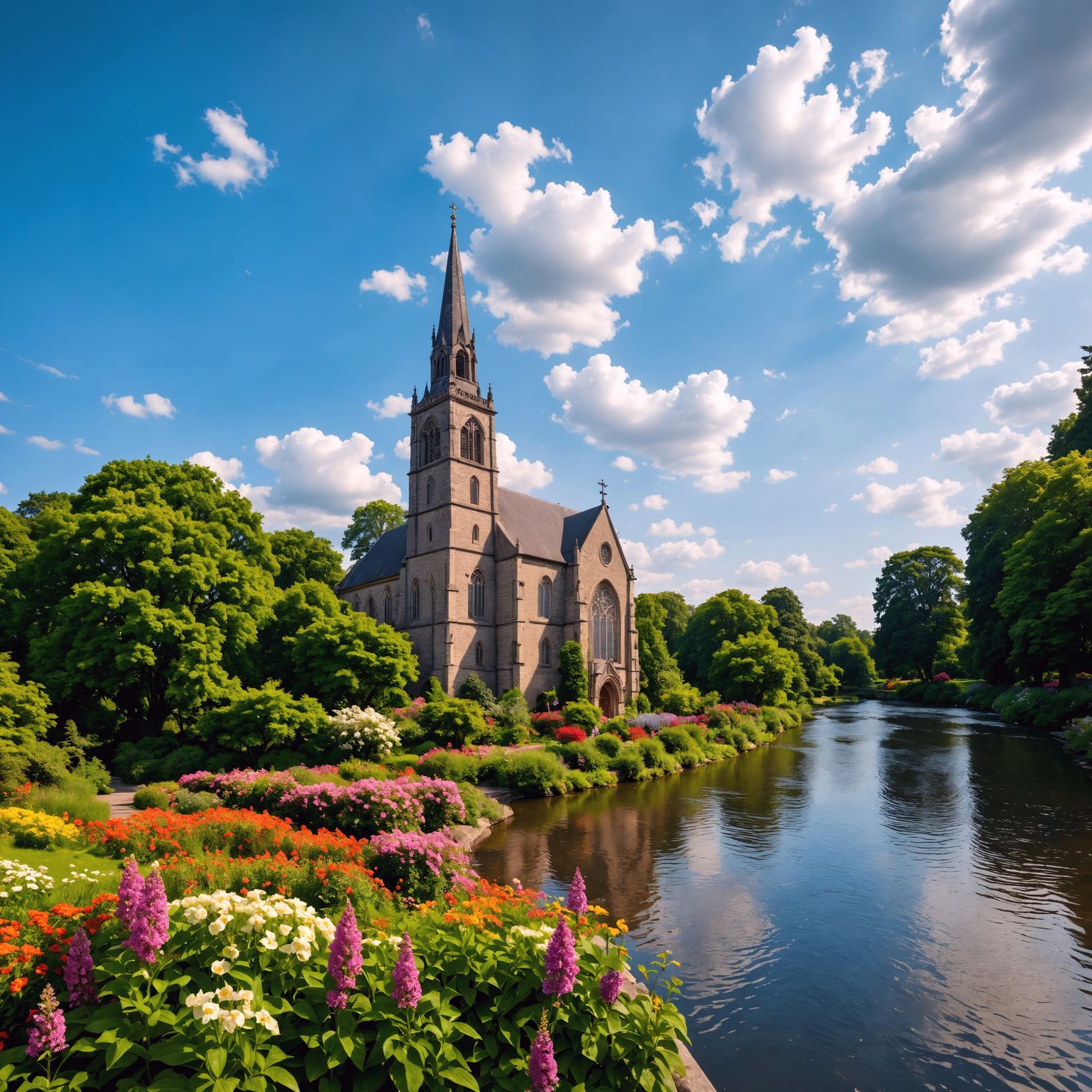A Church Amidst Vibrant Botanical Gardens by a Serene River