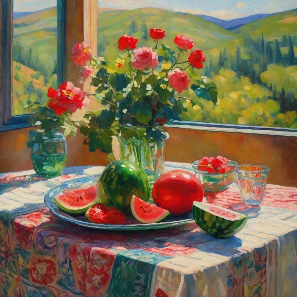 Neo-Impressionist Still Life with Flowers and Watermelons