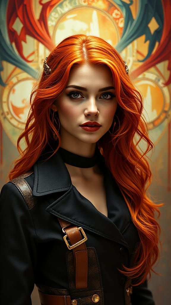 Fiery Elf Woman Portrait in Art Nouveau Style