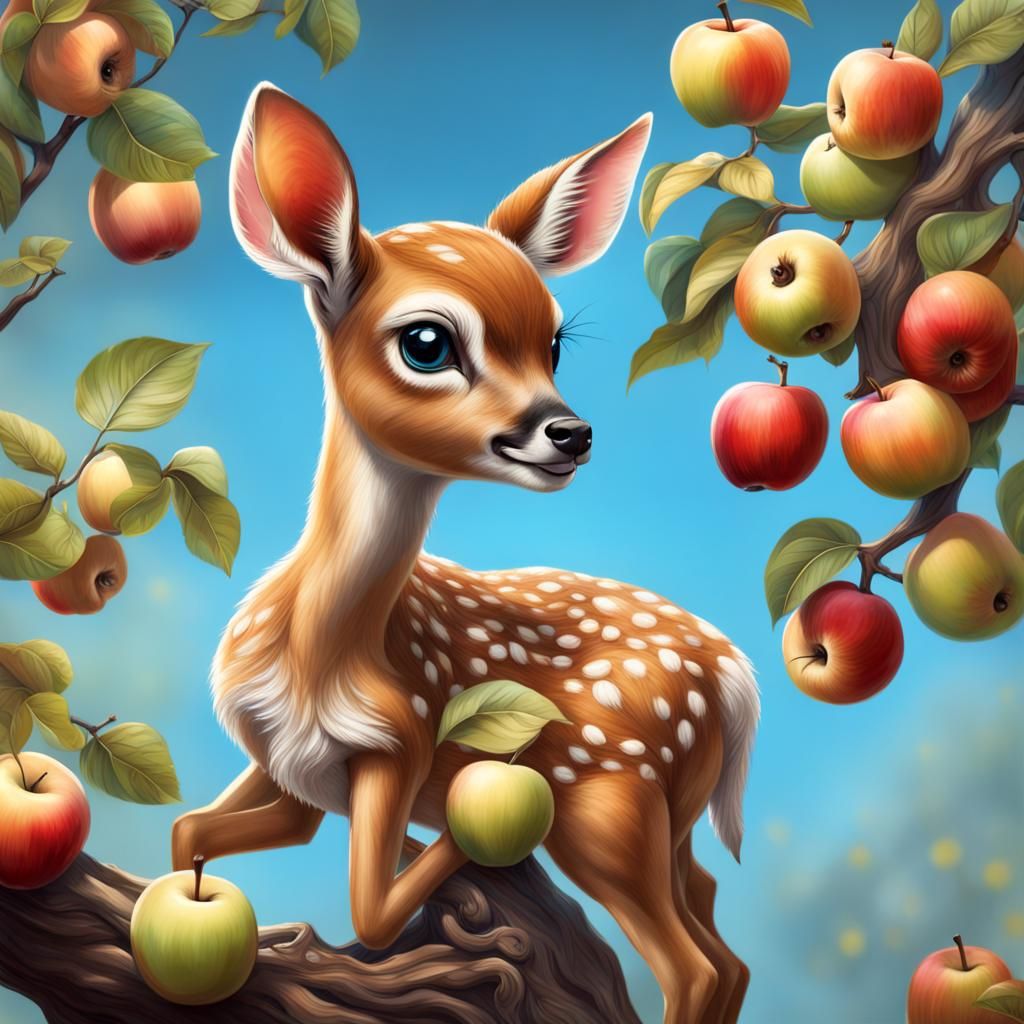 Fawn Picking Apples in Hyperrealistic Style