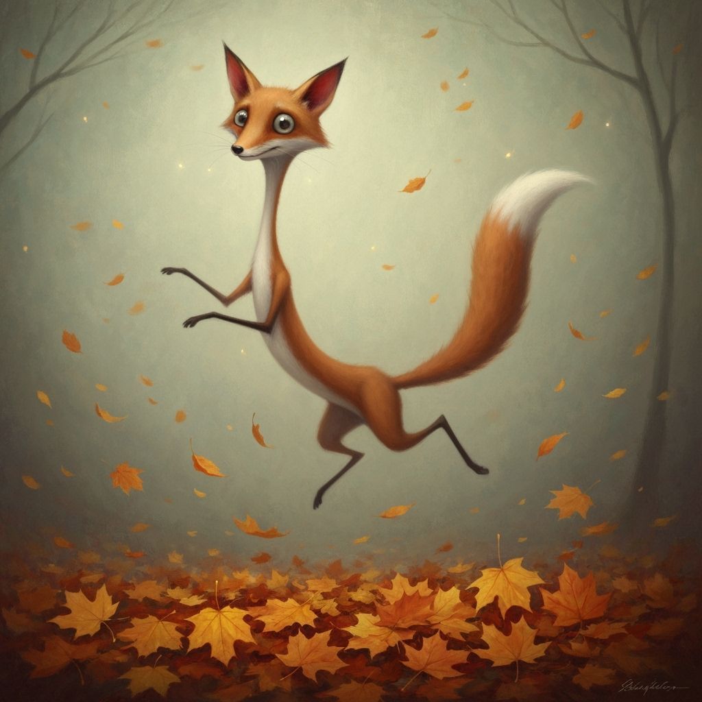 Surreal Fox Leaping in Autumn Leaves Oil Painting