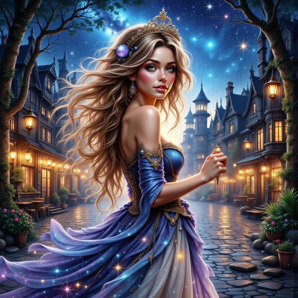 Ethereal Princess Emerges in Cosmic Cityscape