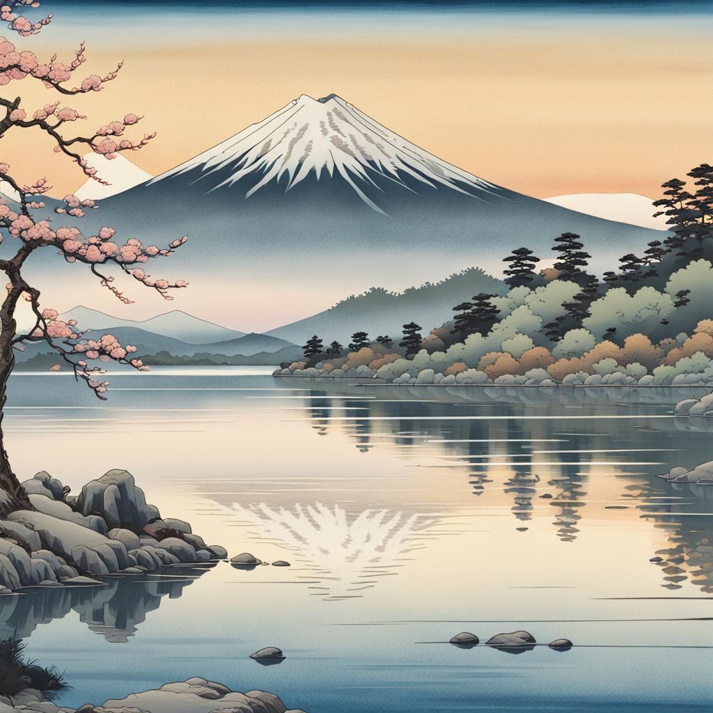 Majestic Fuji Mountain Reflected in Ukiyo-e Style