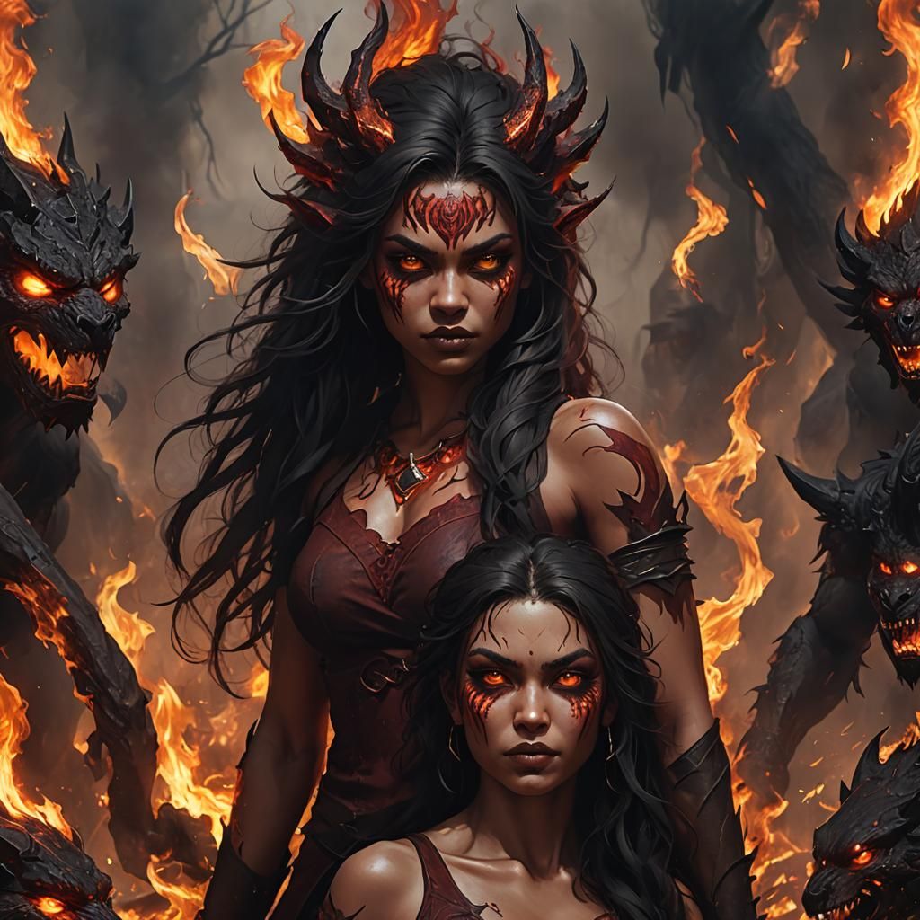 18 year old Female Fire demon, Deep red skin, Black, unruly ...