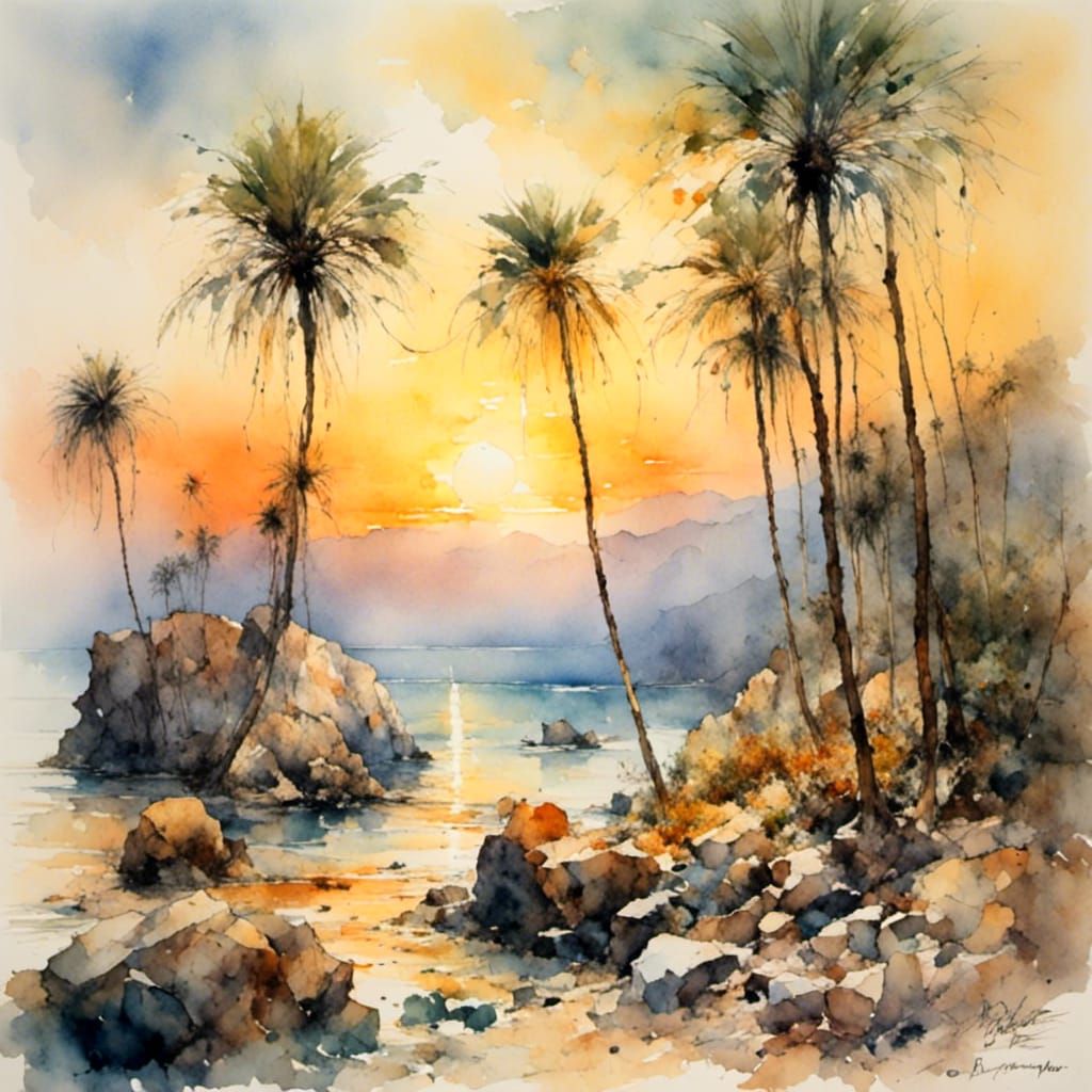 Watercolor Palms at Sunset in Pointillist Style