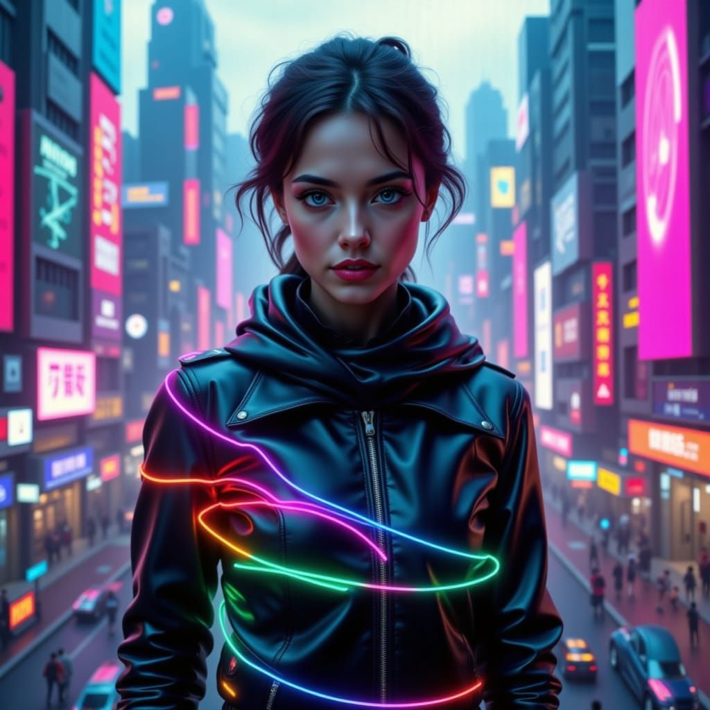 Cyberpunk Woman in Neon Cityscape
