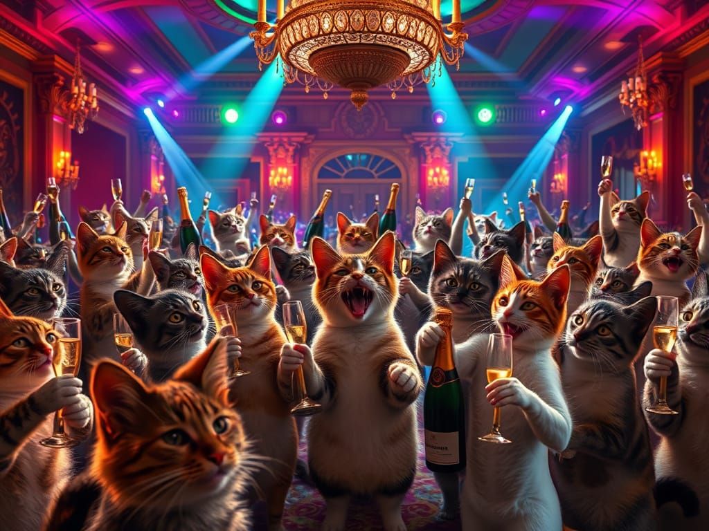 Wild Cat Party in Luxurious Mansion with Champagne