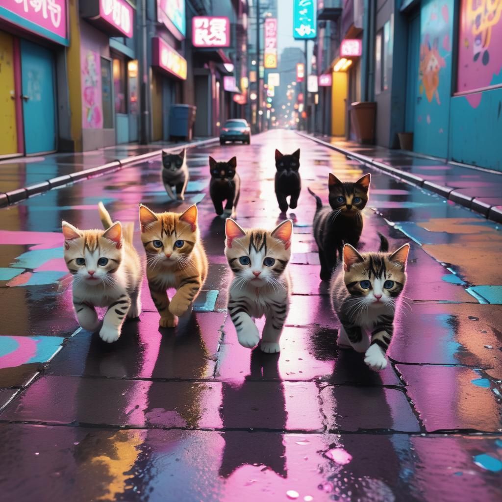 Kittens Running in Neon Street: Pop Art Style