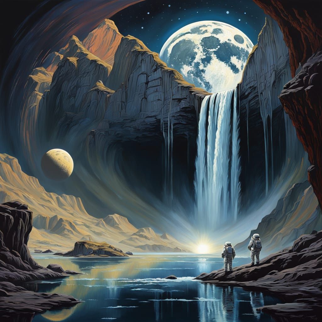 Lunar Waterfall with Astronauts in Cosmic Oil-Painting Style