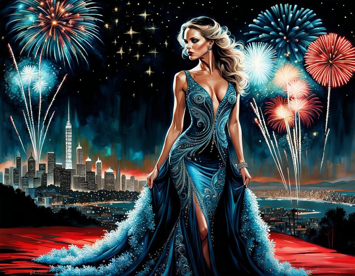 Bioluminescent Celebrity in Cosmic Hollywoodscape, Watercolo...