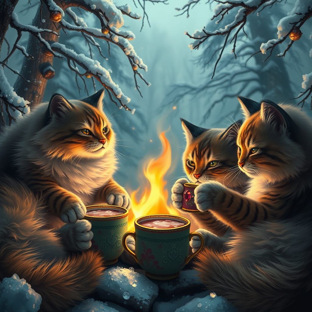 Whimsical Winter Felines Gather 'Round a Crackling Campfire