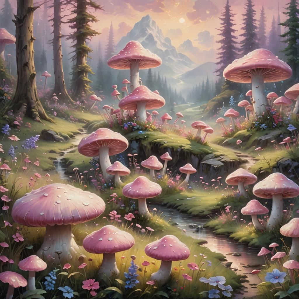 Pink Animals in Ethereal Fantasy Landscape