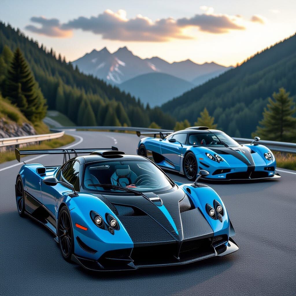 Exotic Supercars on Mountain Road at Sunset