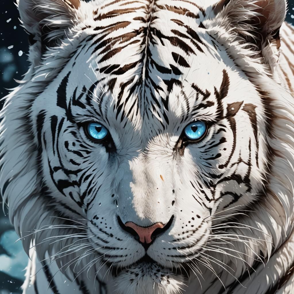 Anime White Tiger Girl with Icy Blue Eyes