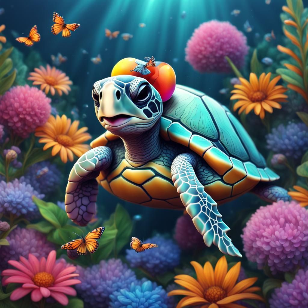 Cute Baby Sea Turtle with Colorful Flowers