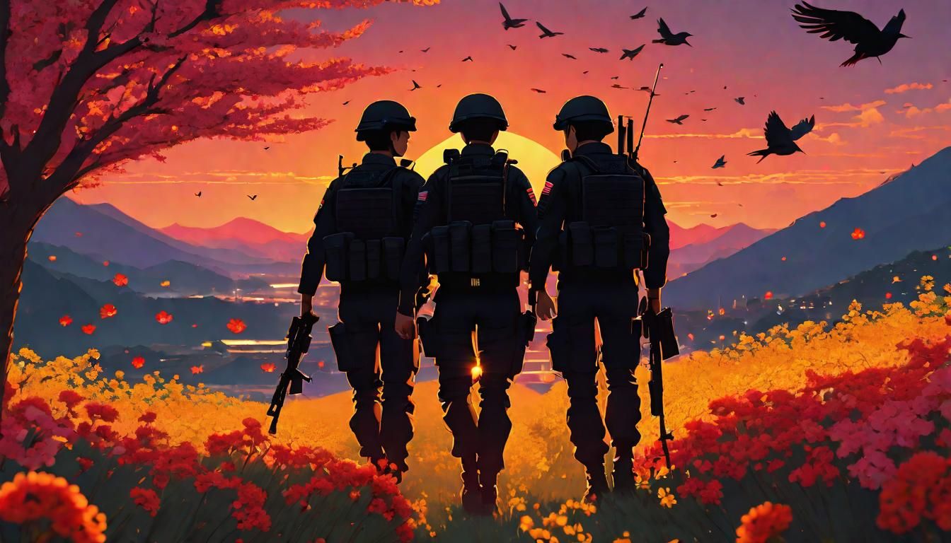 Gay Couple in Combat Suits at Sunset