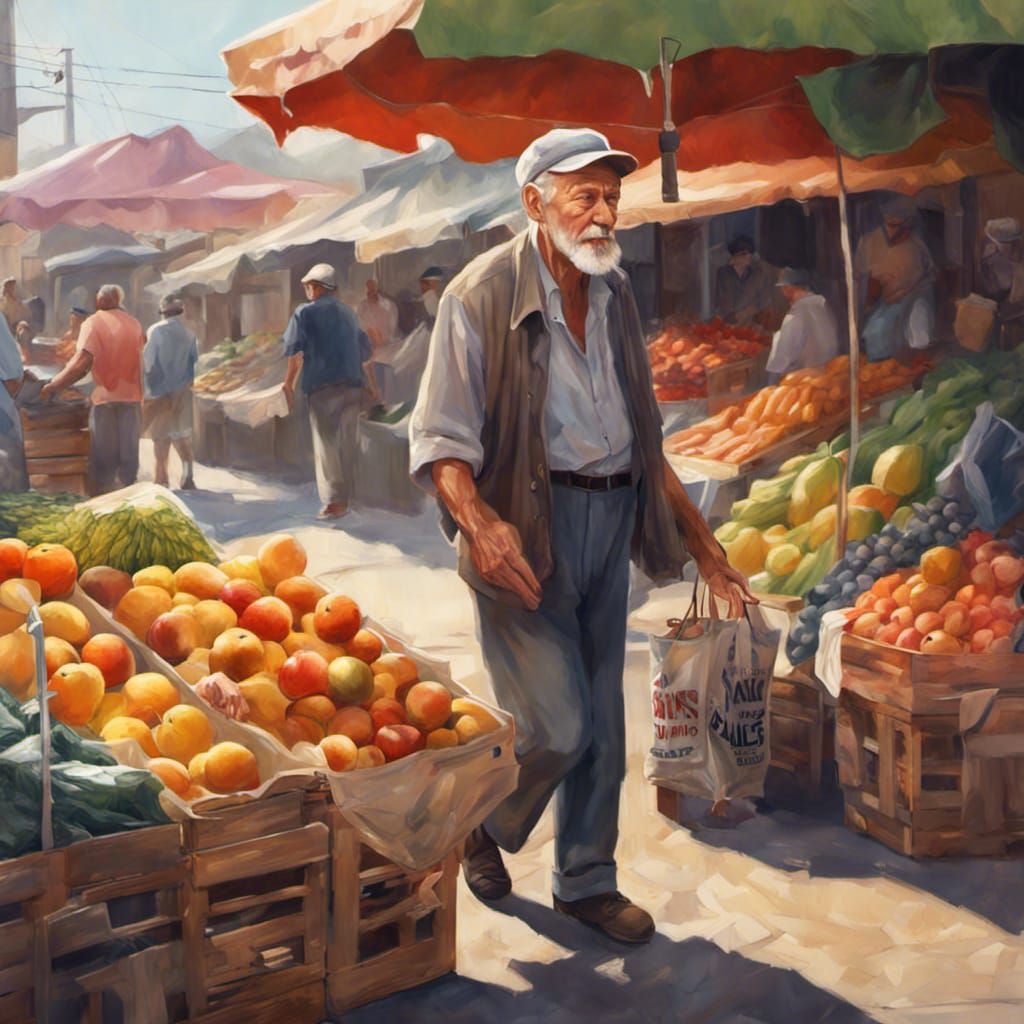 Vibrant Farmers Market Scene with Old Man