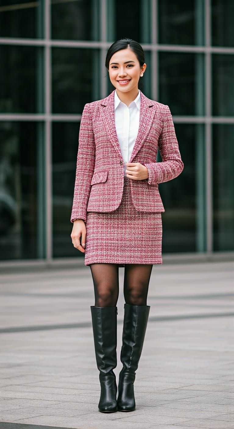 Filipina woman in short business suit and knee-high boots