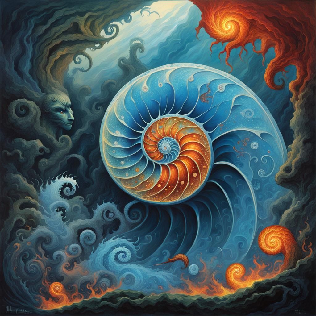 Nautilus Spiral in Retro-Psychedelic Style