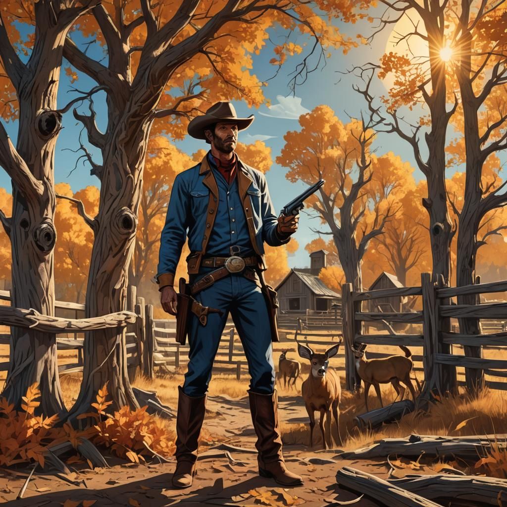 Cowboy and Deer in Western Comic Book Art