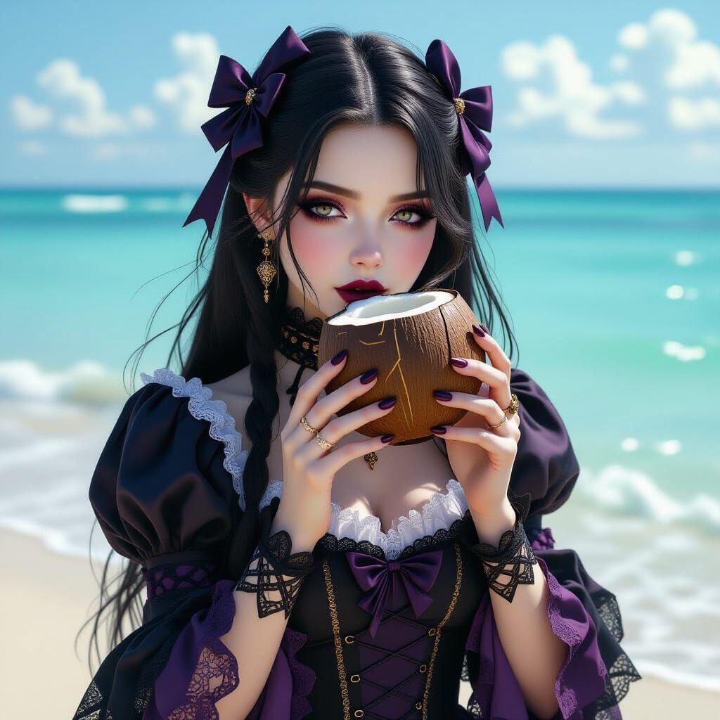 Gothic Girl on Tropical Beach, Photorealistic Style