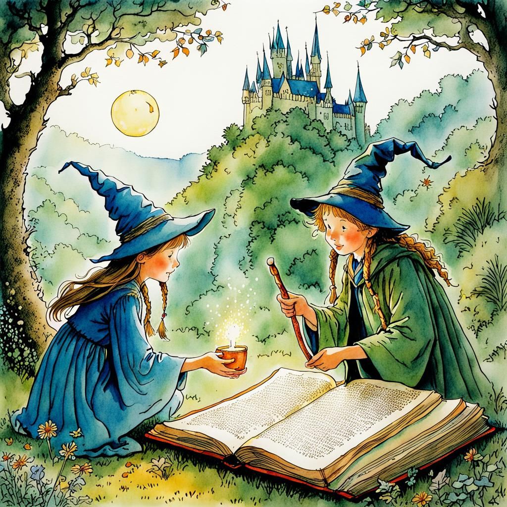Whimsical Wizard Casting Spell in Storybook Illustration