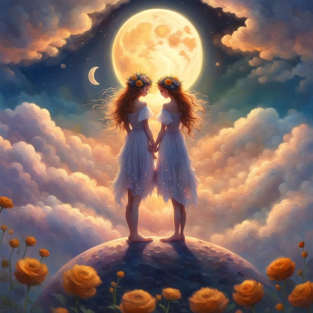 Fantasy Art of Girls on Moon with Two Suns