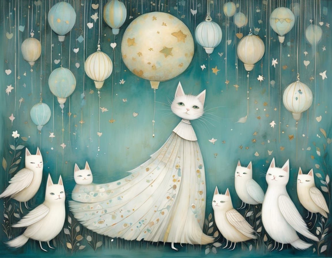 Whimsical Feline Angel Soars Amidst Birds in Vibrant Colors