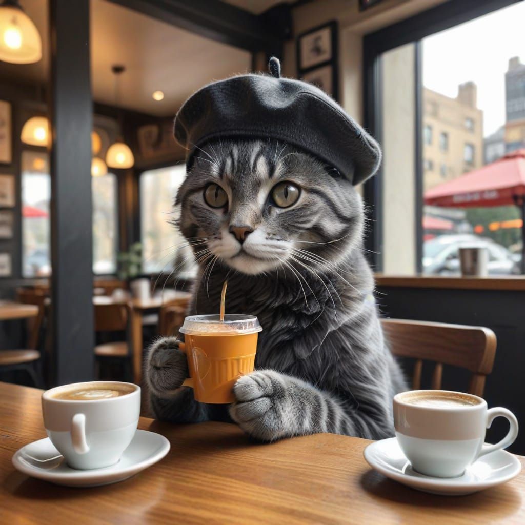 Cartoony Cat Sips Coffee in Charcoal Cafe