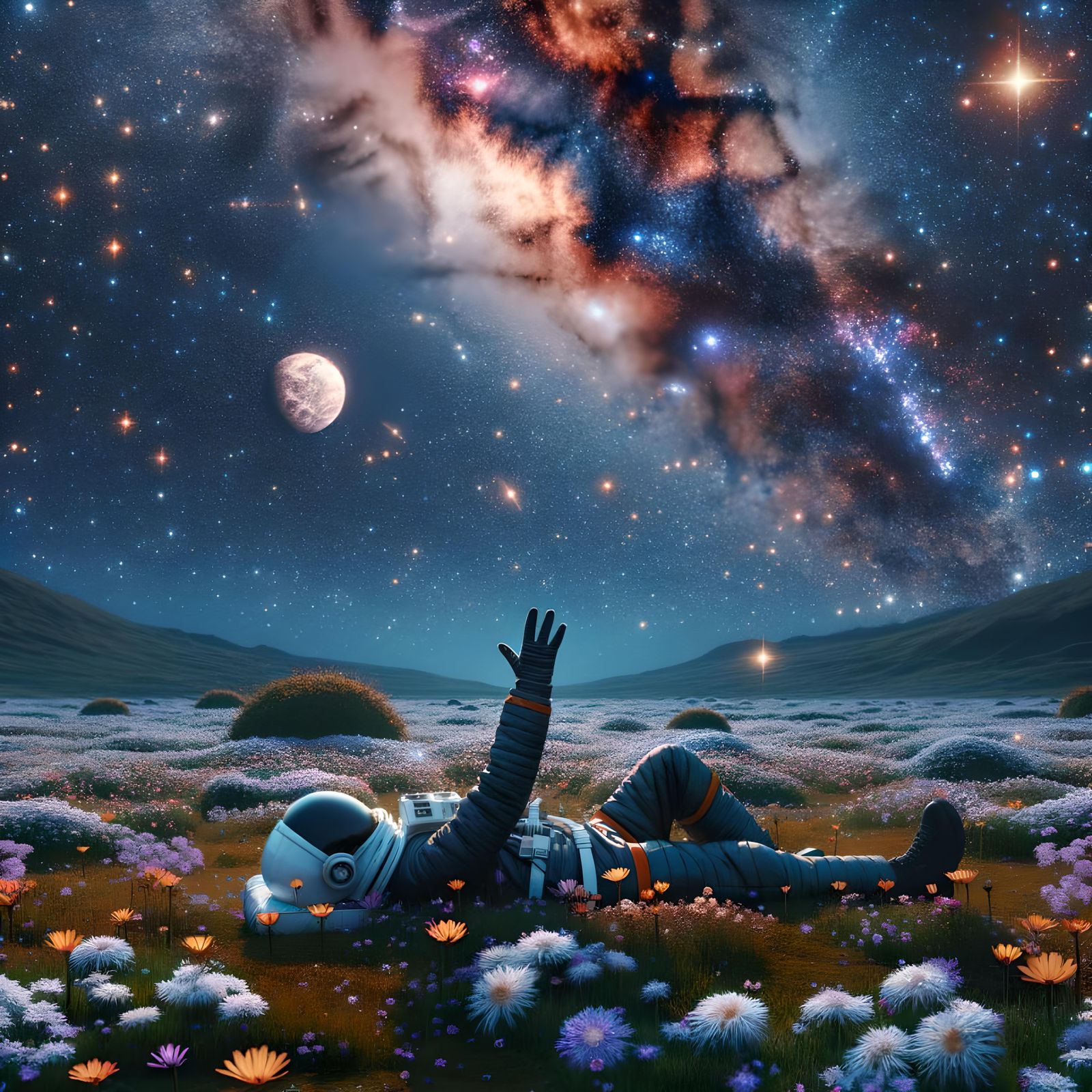 Astronaut's Cosmic Nap in Alien Flower Garden