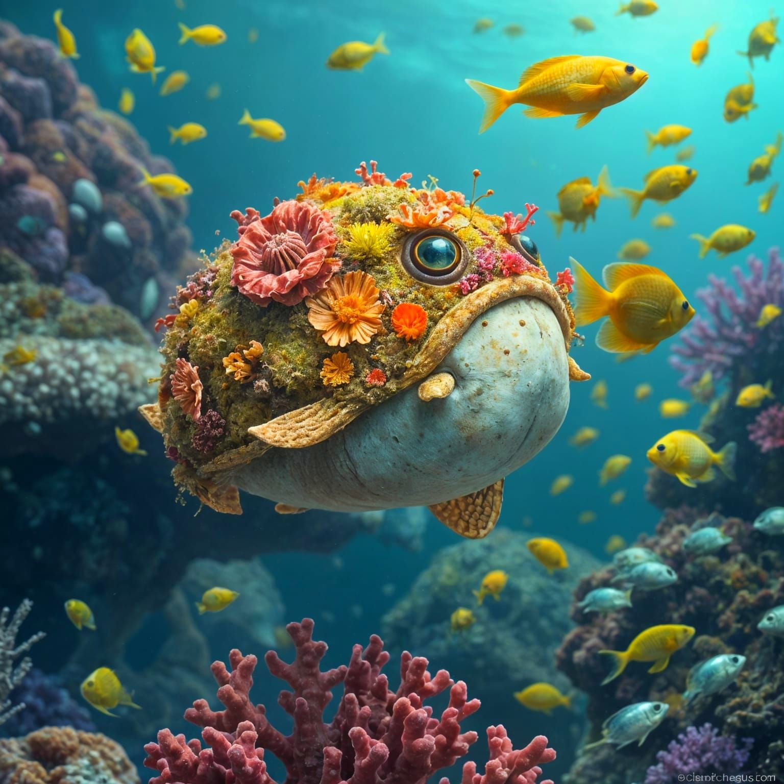 A silly camouflaged puffer-fish