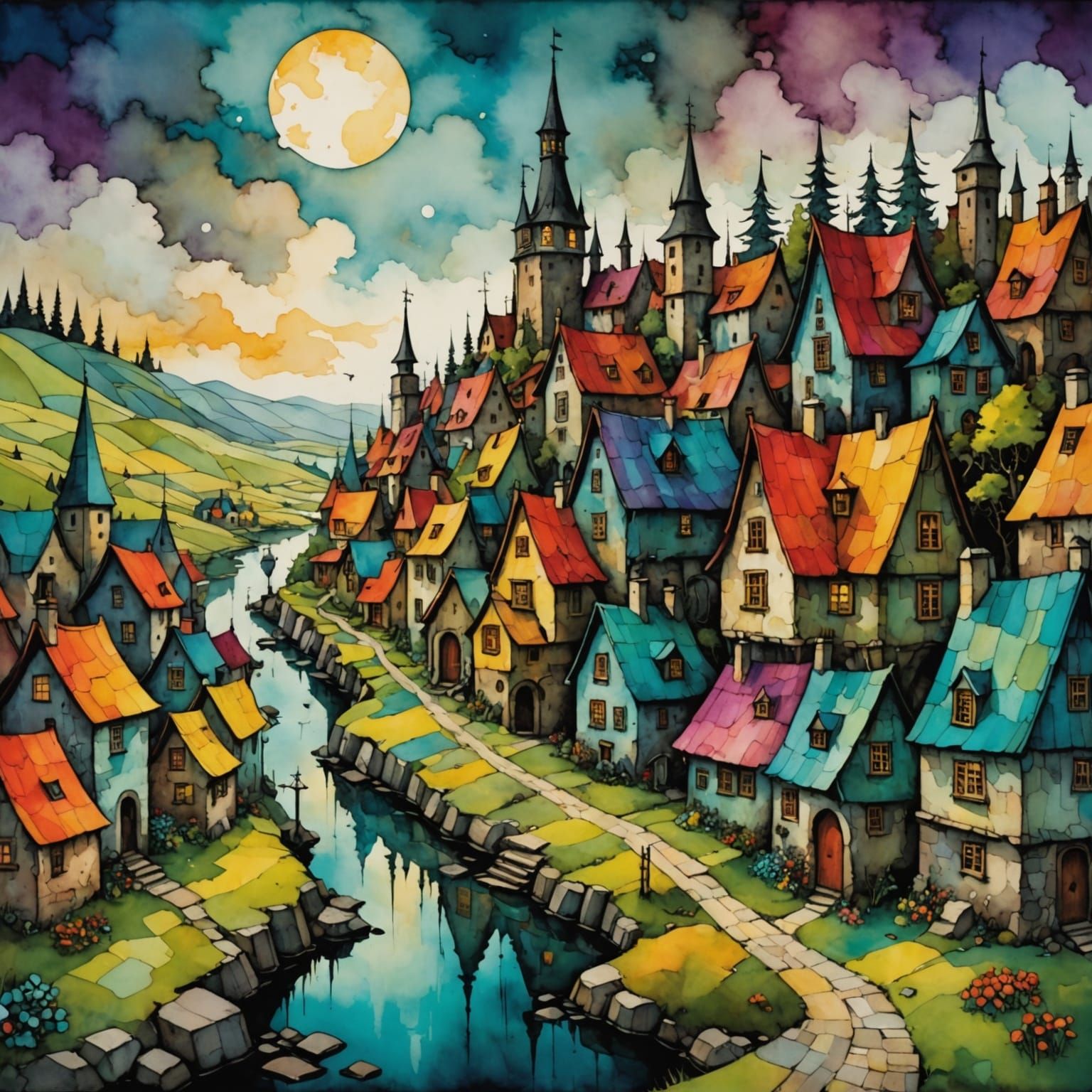 Vibrant Whimsical Village Scene