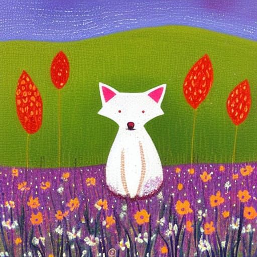 Fox in Flower Meadow in Naive Art Style