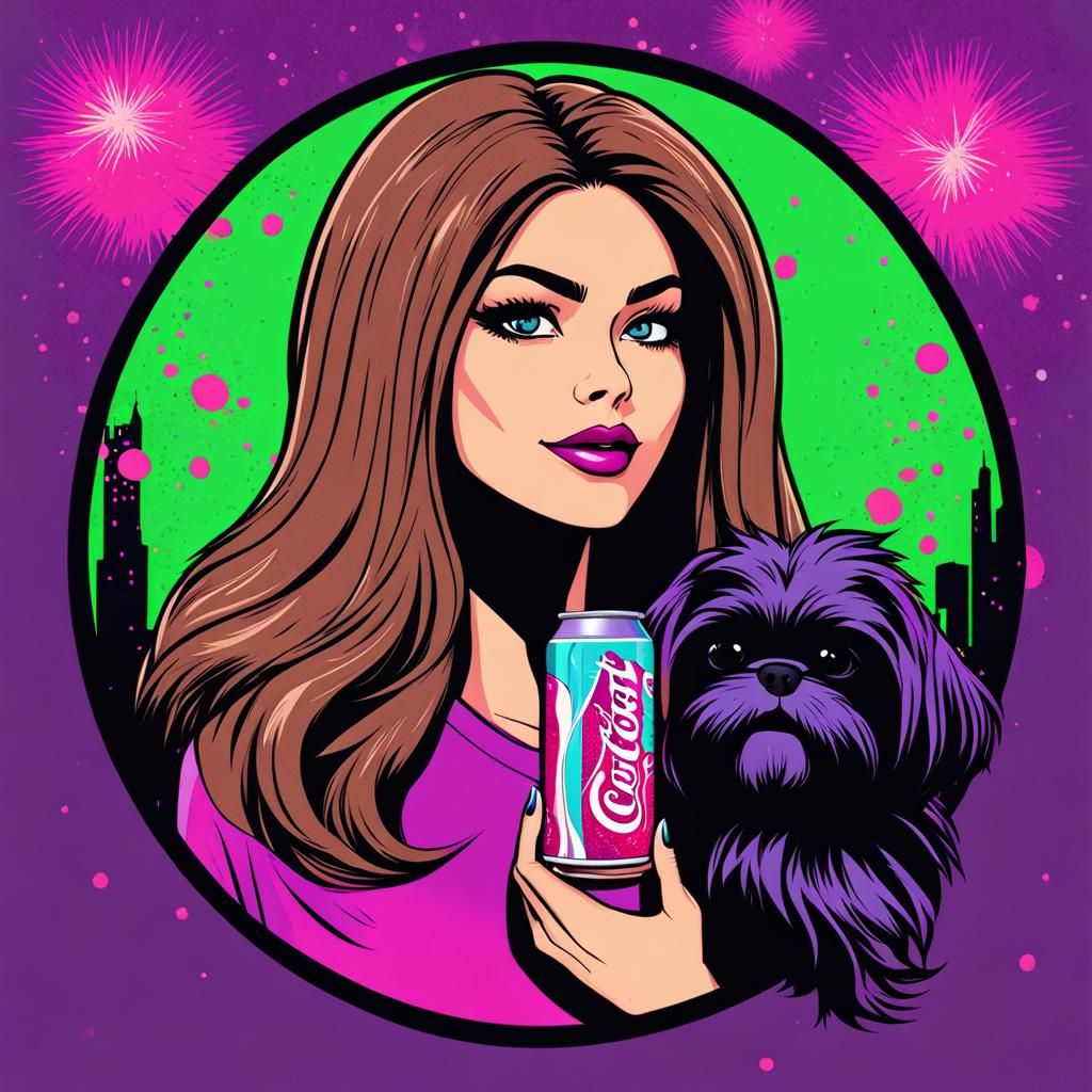 Cartoon Woman with Shih Tzu in Synthwave Neon Style