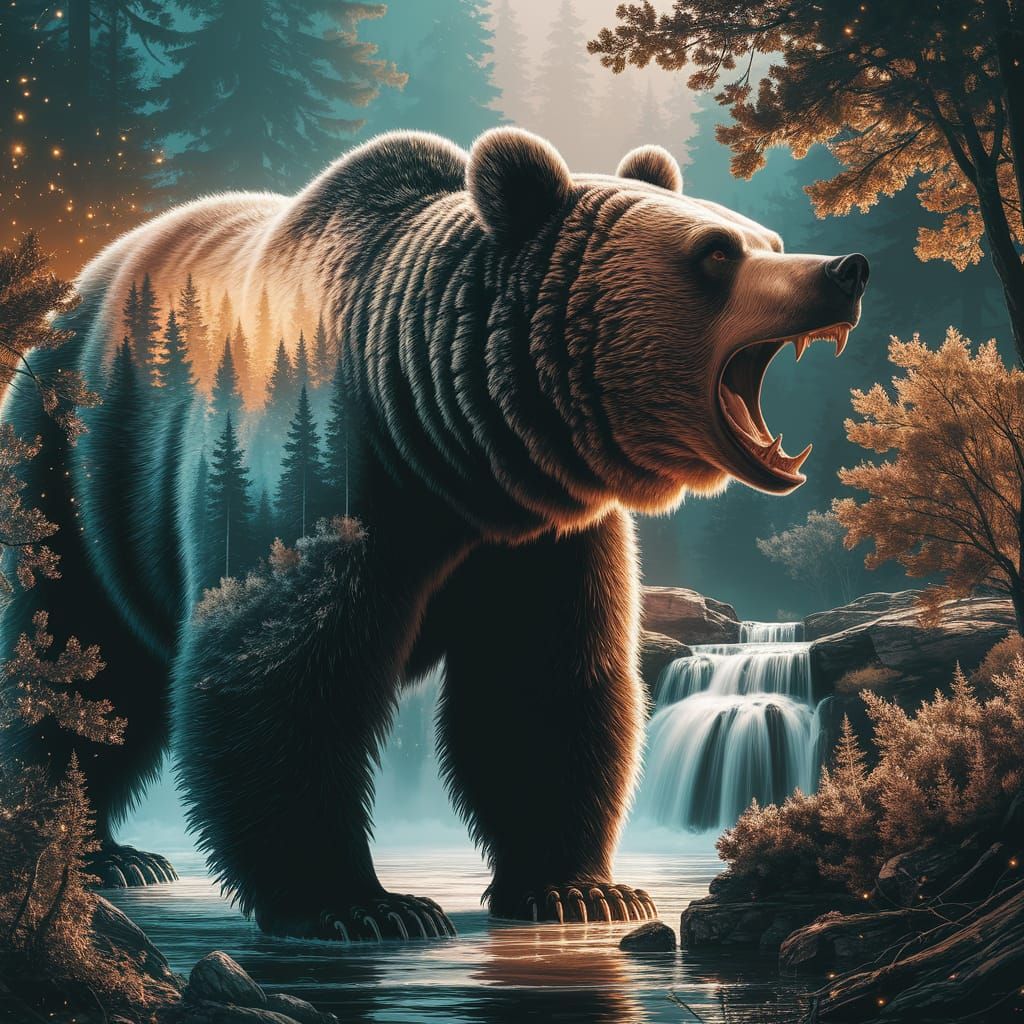 Roaring Bear Silhouette with Forest and Waterfall