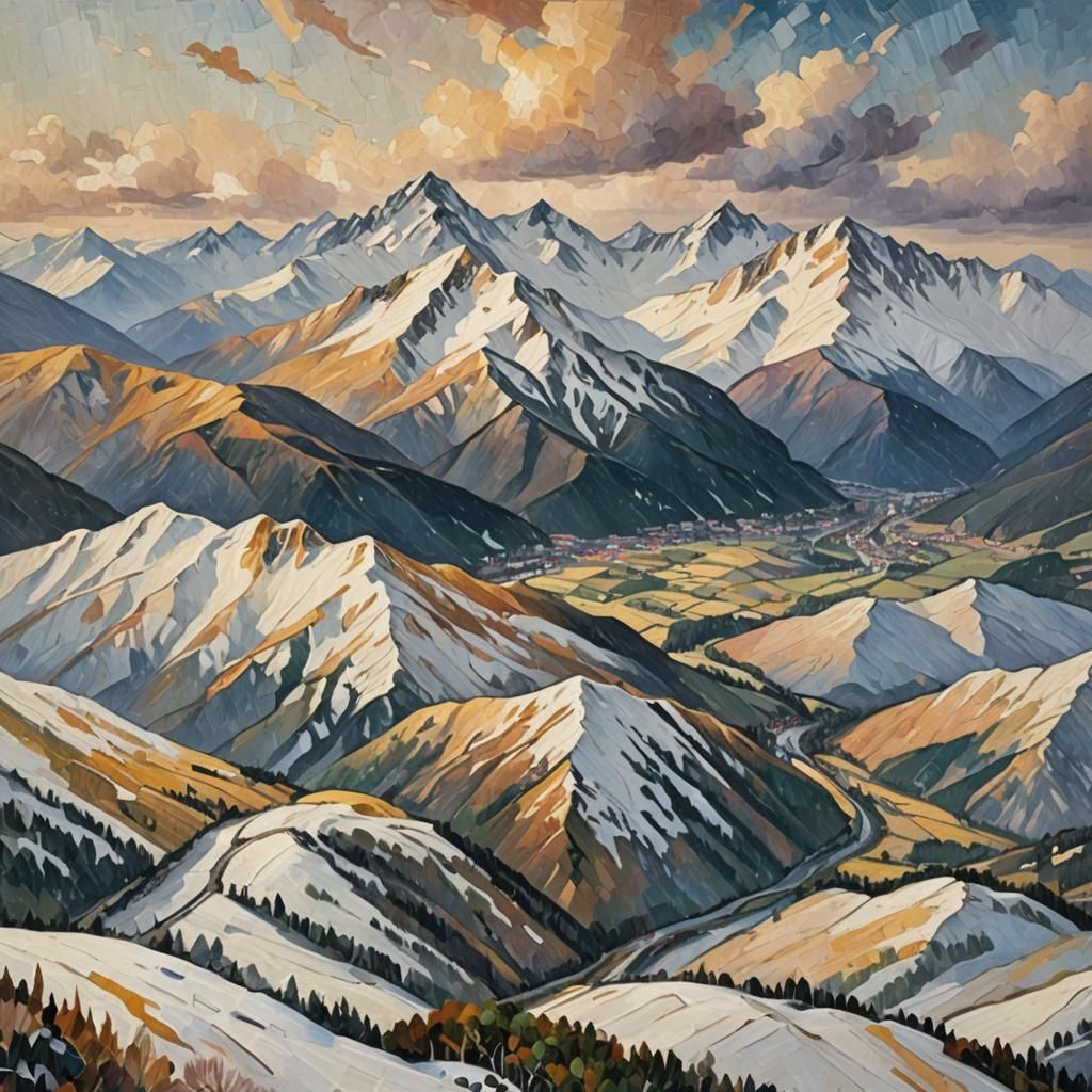 Snowy Mountain Vista in Neo-Impressionist Style