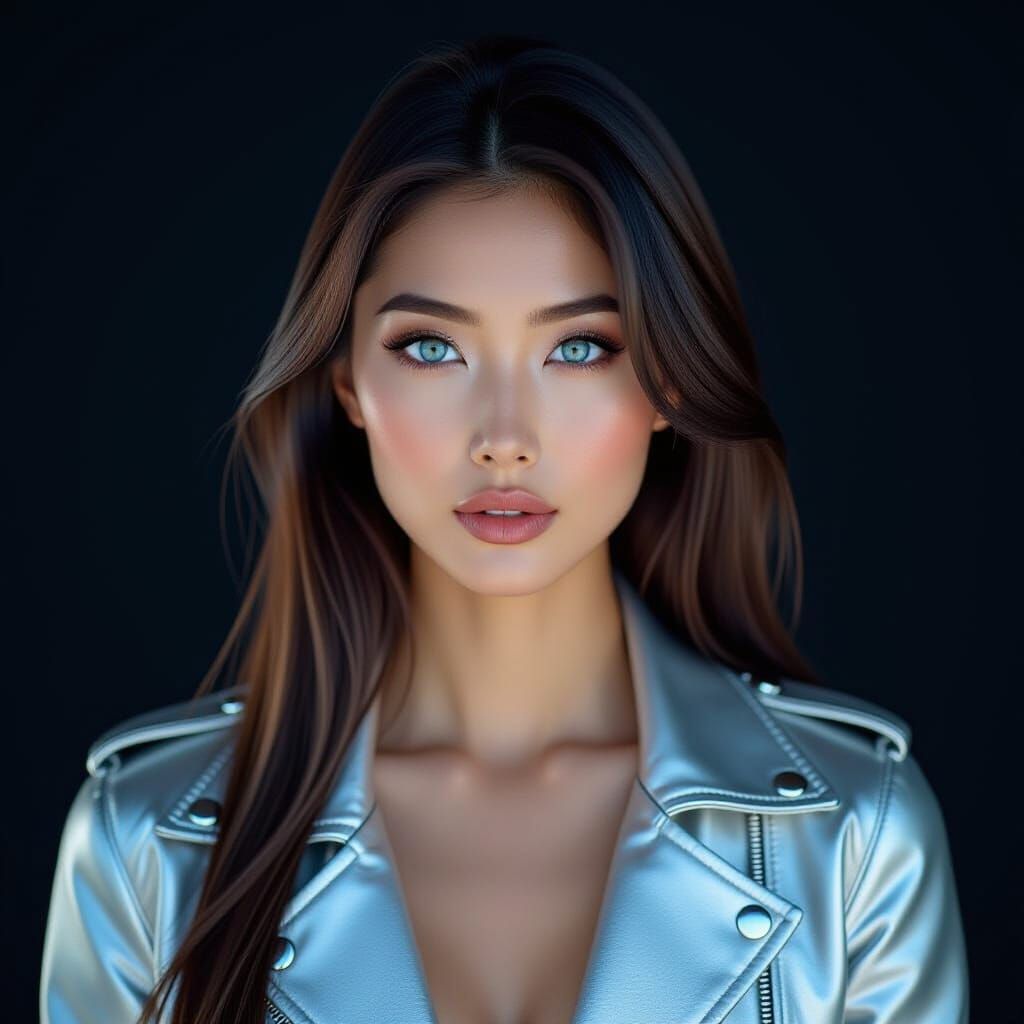 Striking Portrait of Asian Woman with Silver Jacket
