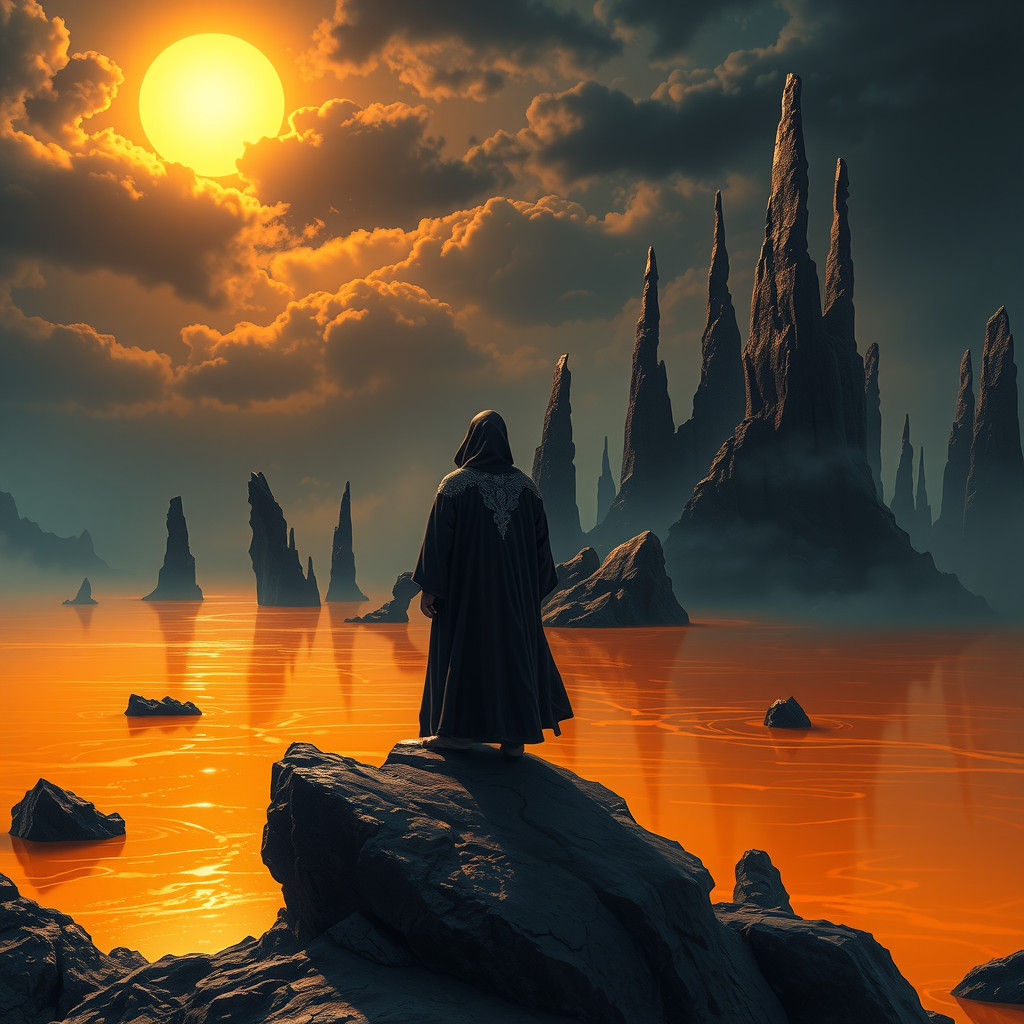 Surreal Figure Contemplates Golden Landscape